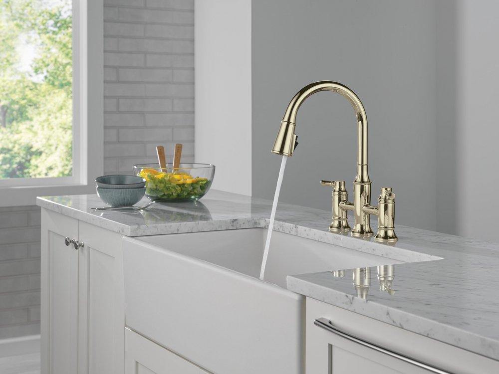 Two Handle Bridge Pull Down Kitchen Faucet in Arctic Stainless 