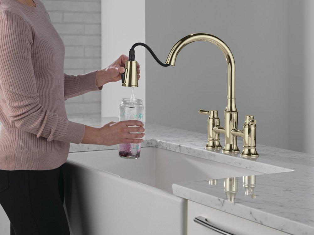 Two Handle Bridge Pull Down Kitchen Faucet in Arctic Stainless 