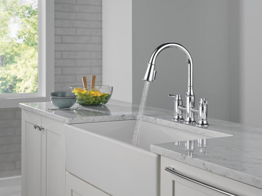 Two Handle Bridge Pull Down Kitchen Faucet in Lumicoat&reg; Chrome 