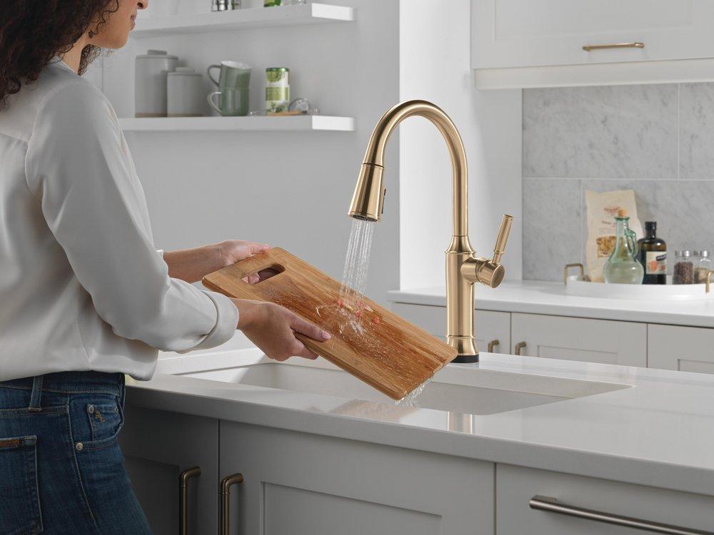Single Handle Pull Down Touchless Kitchen Faucet in Lumicoat Champagne Bronze 