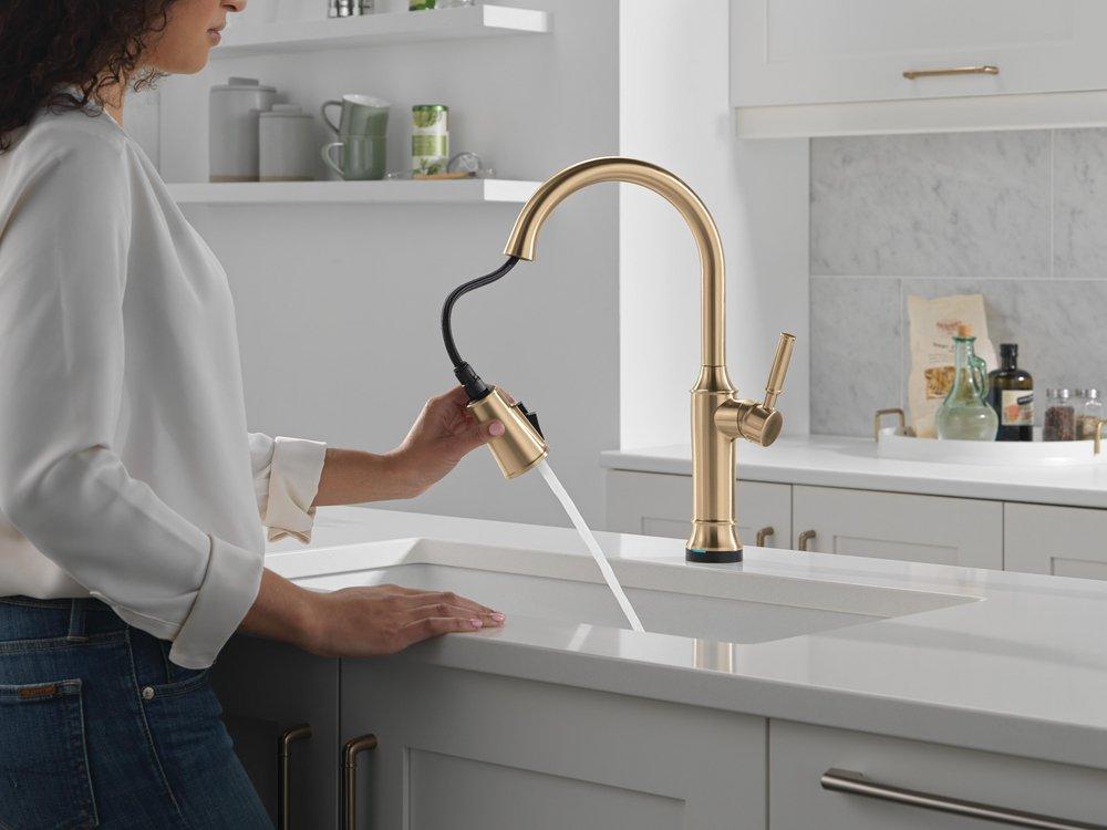 Single Handle Pull Down Touchless Kitchen Faucet in Lumicoat Champagne Bronze 