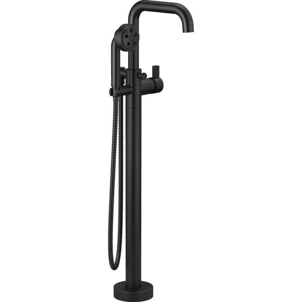 Single Handle Floor Mount Tub Filler with Hand Shower in Matte Black (Trim Only) (Handle Sold Separately) 