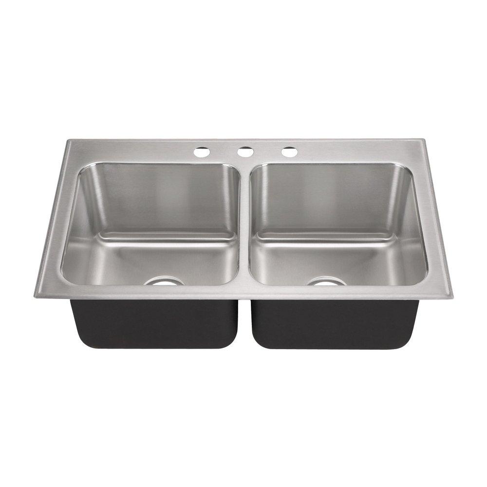 Just Manufacturing Brushed Steel 33 x 19 in. 3 Hole Stainless Steel Double Bowl Drop-in Kitchen Sink 