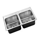 Just Manufacturing Brushed Steel 3 Hole Double Bowl Kitchen Sink with Center Drain and Extra Deep Faucet Ledge 