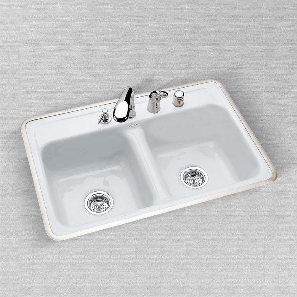 Commercial Enameling White 32 x 21 in. 4 Hole Cast Iron Double Bowl Undermount Kitchen Sink 