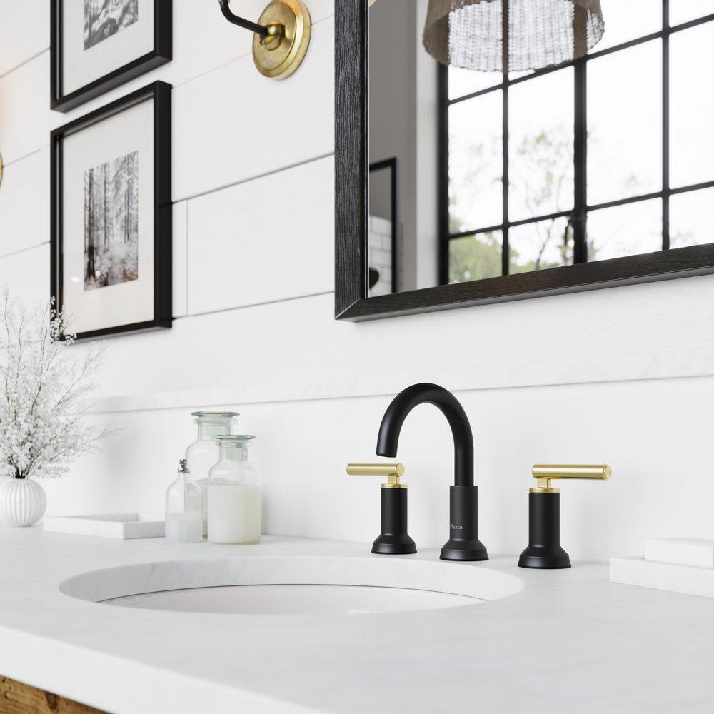 Two Handle Widespread Bathroom Sink Faucet in Matte Black with Brushed Gold 