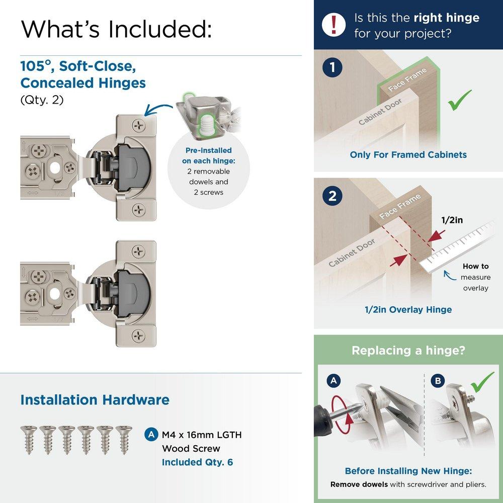 1/2 INCH 13MM OVERLAY FACE FRAME SOFT-CLOSE CONCEALED CABINET HINGE - 1 PAIR 
