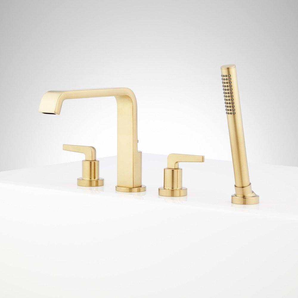 DREA 4-HOLE ROMAN TUB FAUCET AND HAND SHOWER WITH ROUGH-IN VALVE - BRUSHED GOLD 