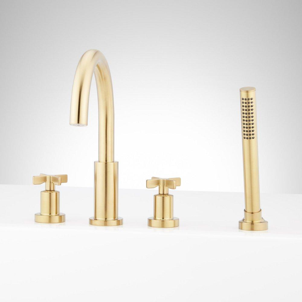 VASSOR 4-HOLE ROMAN TUB FAUCET AND HAND SHOWER WITH ROUGH-IN VALVE - BRUSHED GOLD 