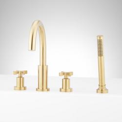 Roman Tub Faucet and Hand Shower in Brushed Gold with Rough-In Valve