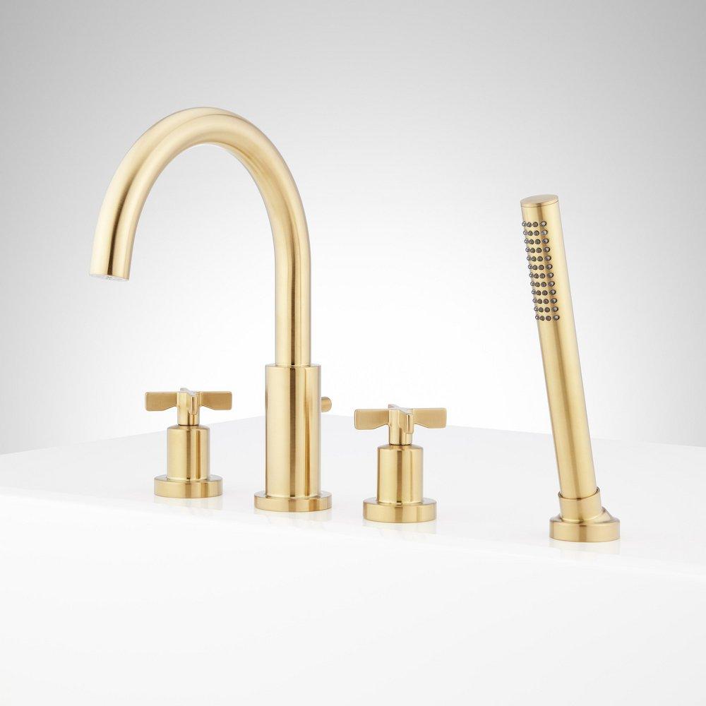 VASSOR 4-HOLE ROMAN TUB FAUCET AND HAND SHOWER WITH ROUGH-IN VALVE - BRUSHED GOLD 