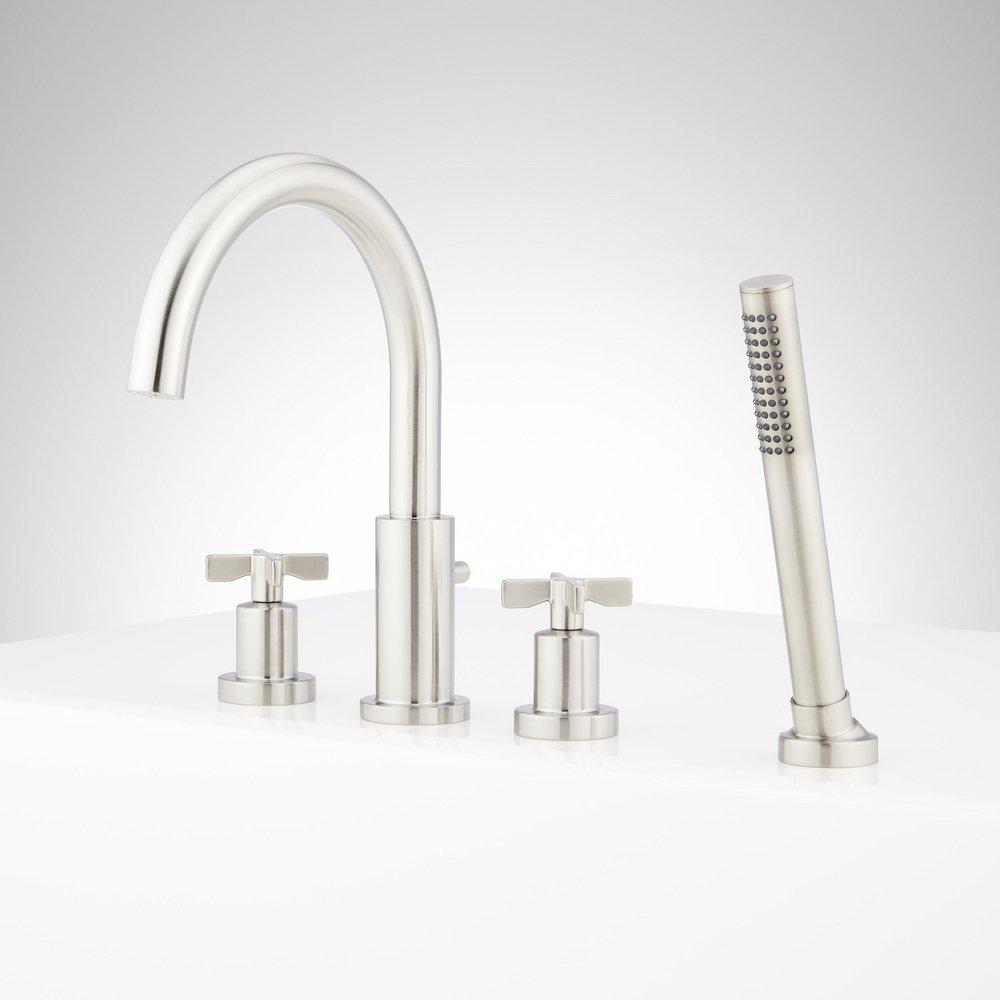 VASSOR 4-HOLE ROMAN TUB FAUCET AND HAND SHOWER WITH ROUGH-IN VALVE - BRUSHED NICKEL 