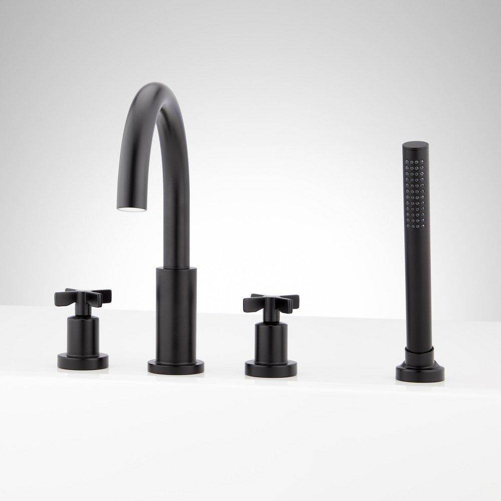 VASSOR 4-HOLE ROMAN TUB FAUCET AND HAND SHOWER WITH ROUGH-IN VALVE - MATTE BLACK 