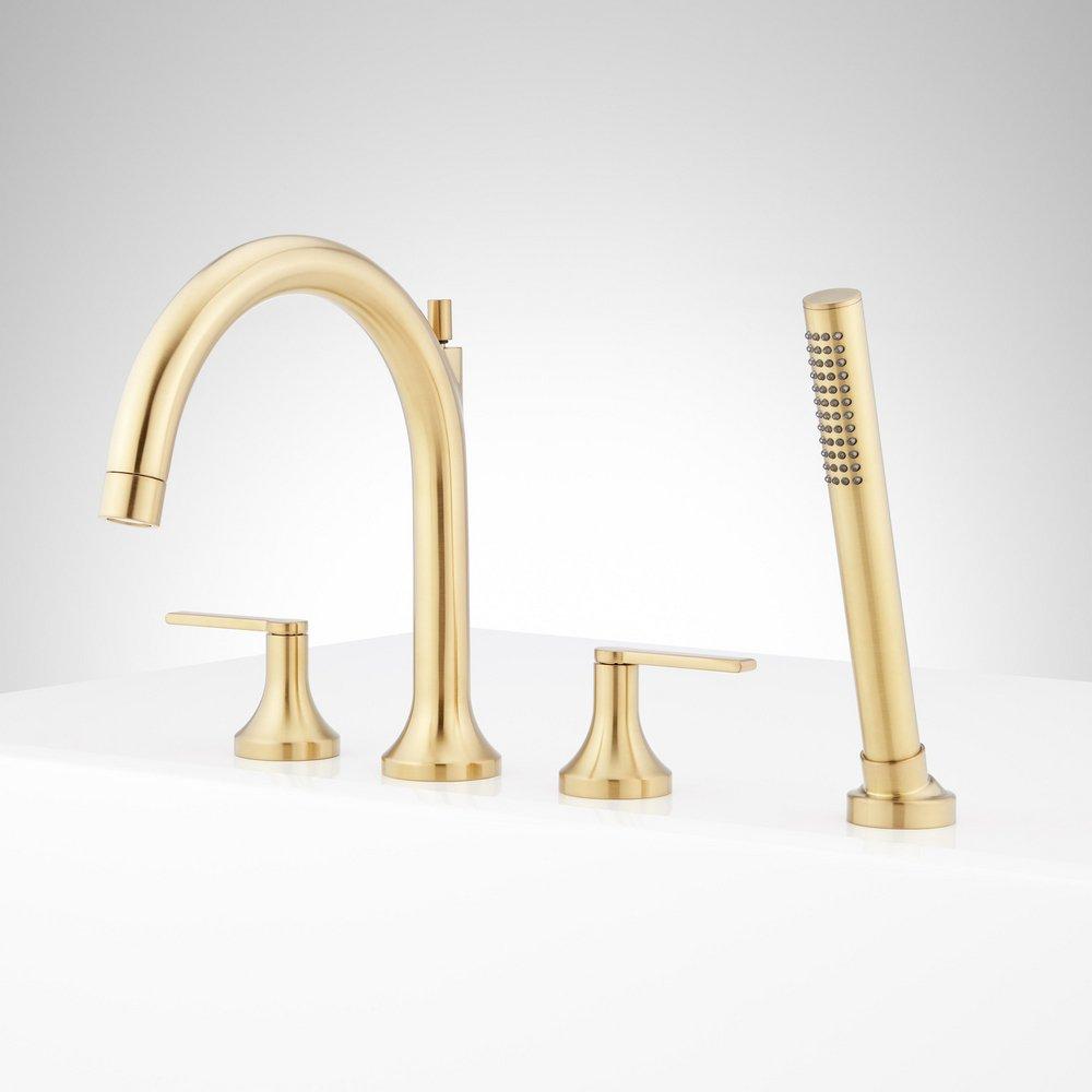 LENTZ 4-HOLE ROMAN TUB FAUCET AND HAND SHOWER - LEVER HANDLES - BRUSHED GOLD 
