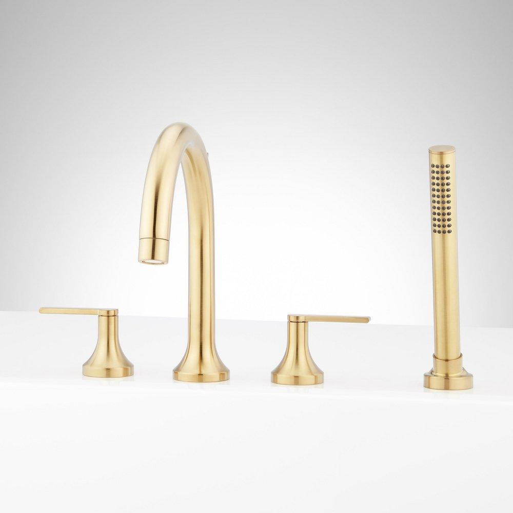 LENTZ 4-HOLE ROMAN TUB FAUCET AND HAND SHOWER - LEVER HANDLES - BRUSHED GOLD 