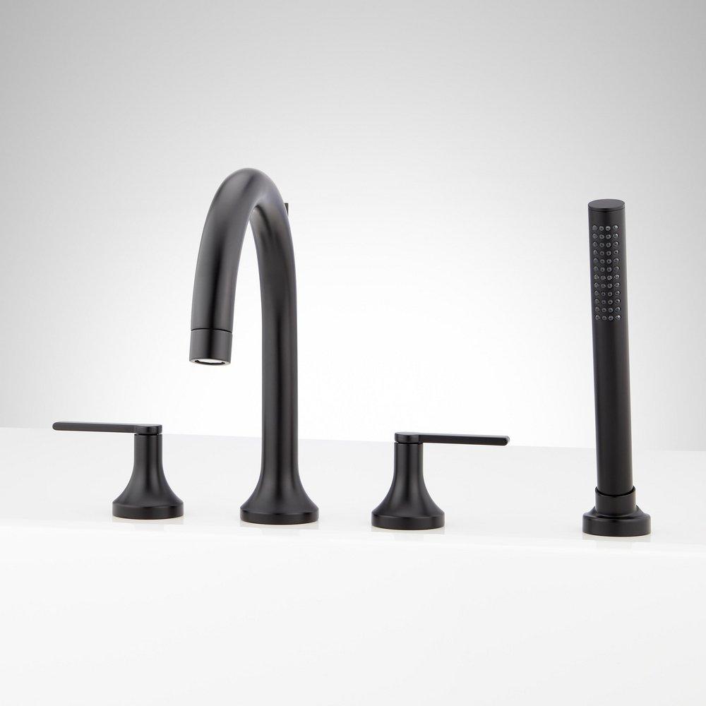 LENTZ 4-HOLE ROMAN TUB FAUCET AND HAND SHOWER WITH ROUGH-IN VALVE - LEVER HANDLES - MATTE BLACK 