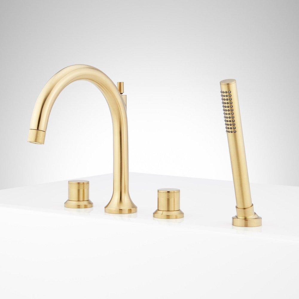 LENTZ 4-HOLE ROMAN TUB FAUCET AND HAND SHOWER - KNOB HANDLES - BRUSHED GOLD 