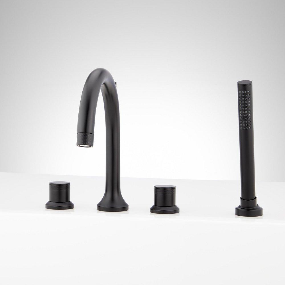 LENTZ 4-HOLE ROMAN TUB FAUCET AND HAND SHOWER - KNOB HANDLES - MATTE BLACK 