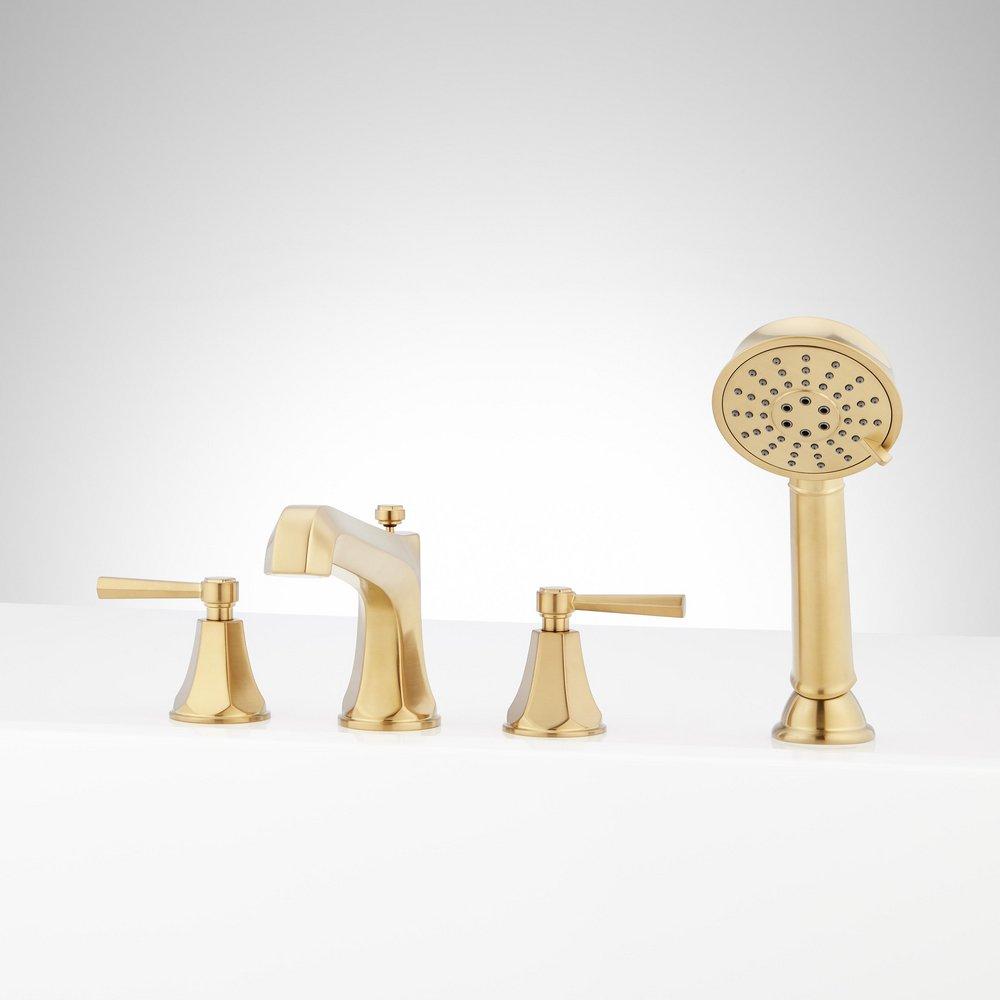 ELITA 4-HOLE ROMAN TUB FAUCET AND HAND SHOWER WITH ROUGH-IN VALVE - LEVER HANDLES - BRUSHED GOLD 