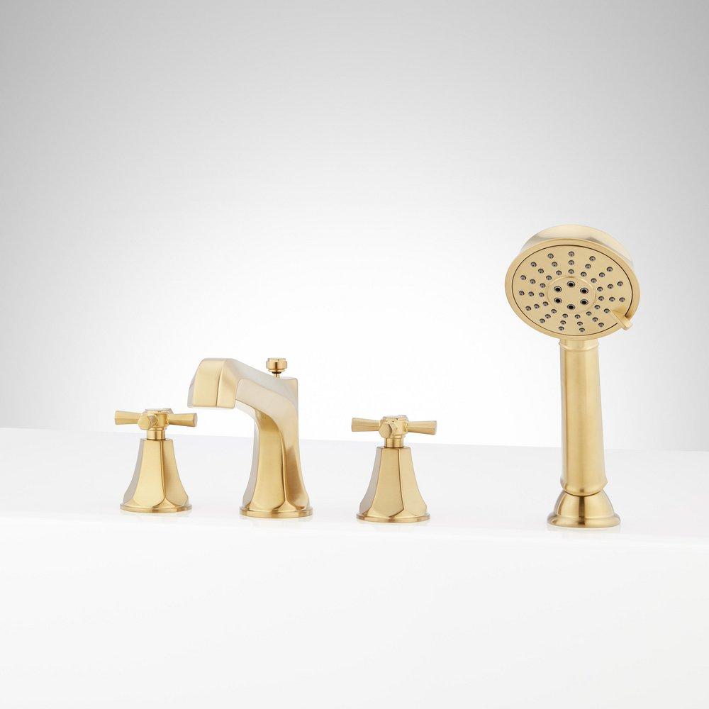ELITA 4-HOLE ROMAN TUB FAUCET AND HAND SHOWER - CROSS HANDLES - BRUSHED GOLD 
