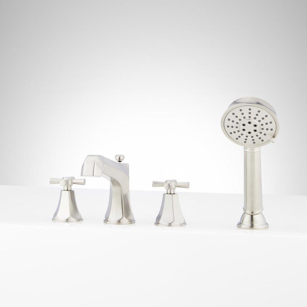 ELITA 4-HOLE ROMAN TUB FAUCET AND HAND SHOWER - CROSS HANDLES - BRUSHED NICKEL 