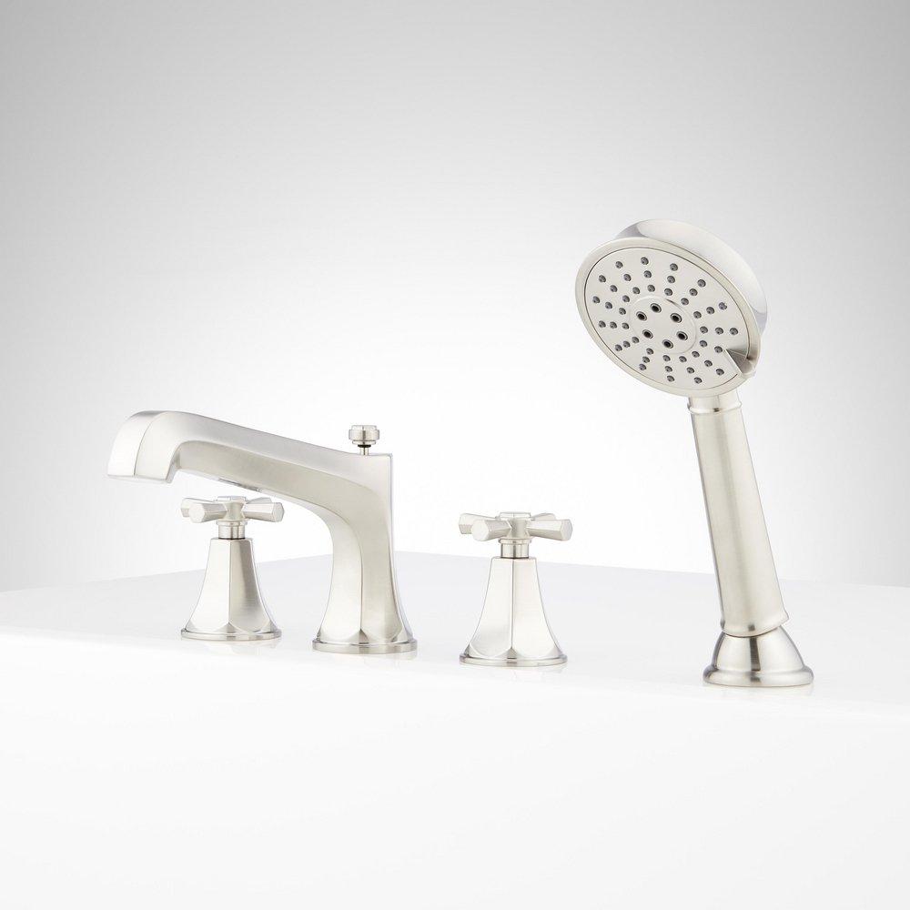 ELITA 4-HOLE ROMAN TUB FAUCET AND HAND SHOWER - CROSS HANDLES - BRUSHED NICKEL 