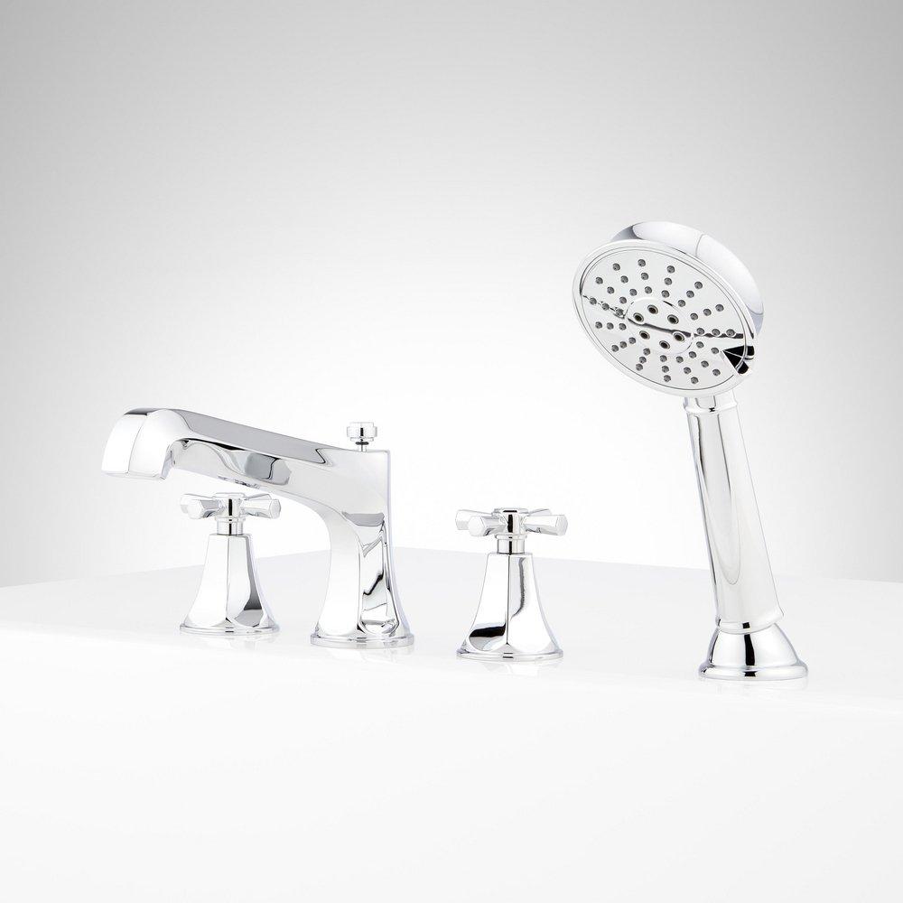 ELITA 4-HOLE ROMAN TUB FAUCET AND HAND SHOWER - CROSS HANDLES - CHROME 