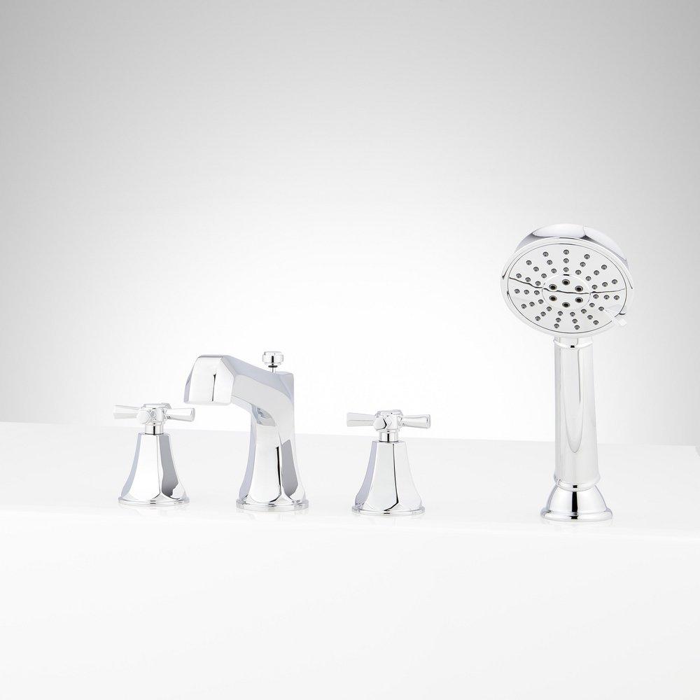 ELITA 4-HOLE ROMAN TUB FAUCET AND HAND SHOWER - CROSS HANDLES - CHROME 