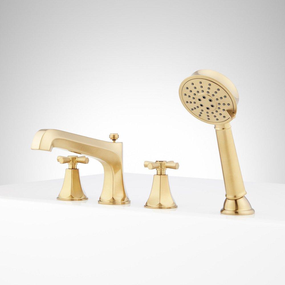 ELITA 4-HOLE ROMAN TUB FAUCET AND HAND SHOWER WITH ROUGH-IN VALVE - CROSS HANDLES - BRUSHED GOLD 