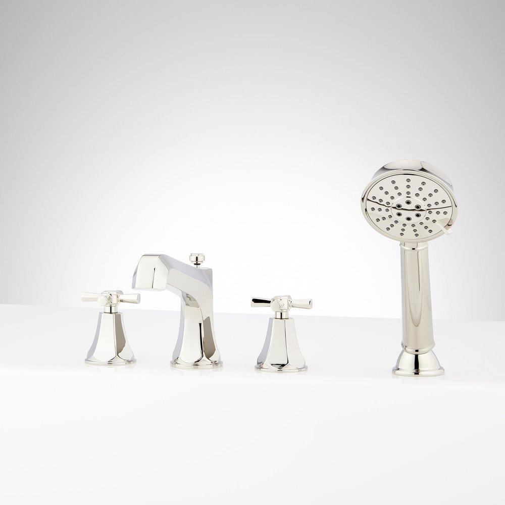 ELITA 4-HOLE ROMAN TUB FAUCET AND HAND SHOWER WITH ROUGH-IN VALVE - CROSS HANDLES - POLISHED NICKEL 