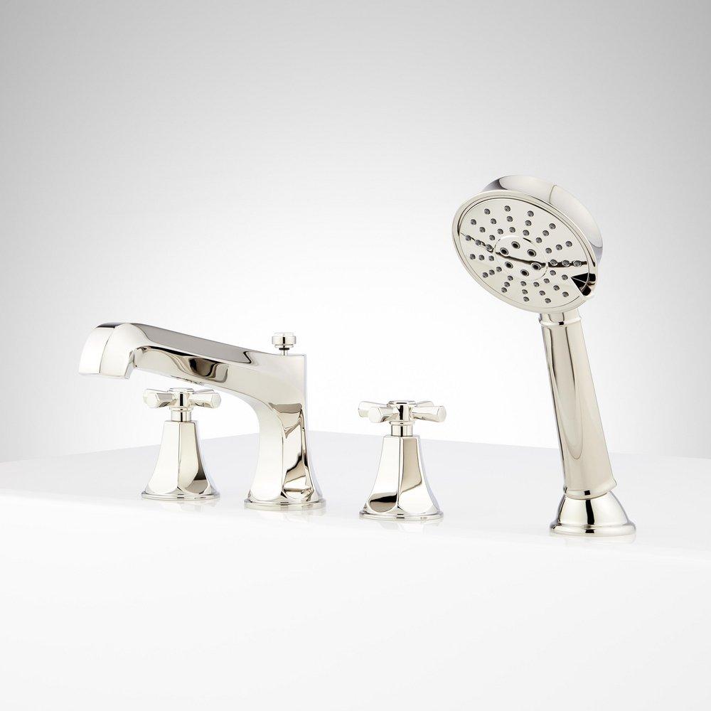ELITA 4-HOLE ROMAN TUB FAUCET AND HAND SHOWER WITH ROUGH-IN VALVE - CROSS HANDLES - POLISHED NICKEL 