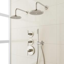 Shower System with Dual Showerheads and Hand Shower in Brushed Nickel