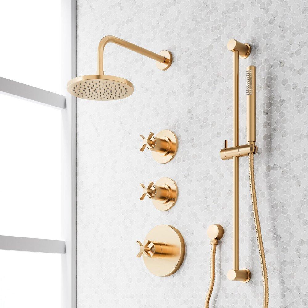VASSOR THERMOSTATIC SHOWER SYSTEM WITH SLIDE BAR AND HAND SHOWER - BRUSHED GOLD 