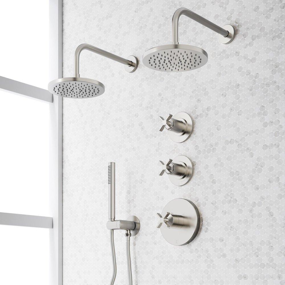 VASSOR THERMOSTATIC SHOWER SYSTEM WITH DUAL SHOWERHEADS AND HAND SHOWER - BRUSHED NICKEL 