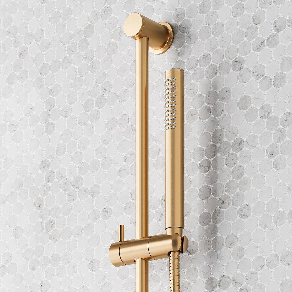 VASSOR THERMOSTATIC SHOWER SYSTEM WITH DUAL SHOWERHEADS SLIDE BAR AND HAND SHOWER - BRUSHED GOLD 