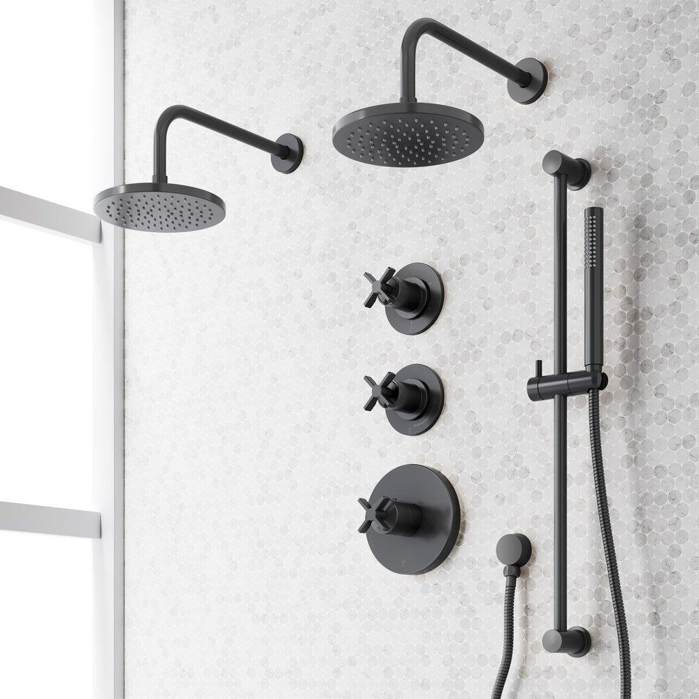 VASSOR THERMOSTATIC SHOWER SYSTEM WITH DUAL SHOWERHEADS SLIDE BAR AND HAND SHOWER - MATTE BLACK 