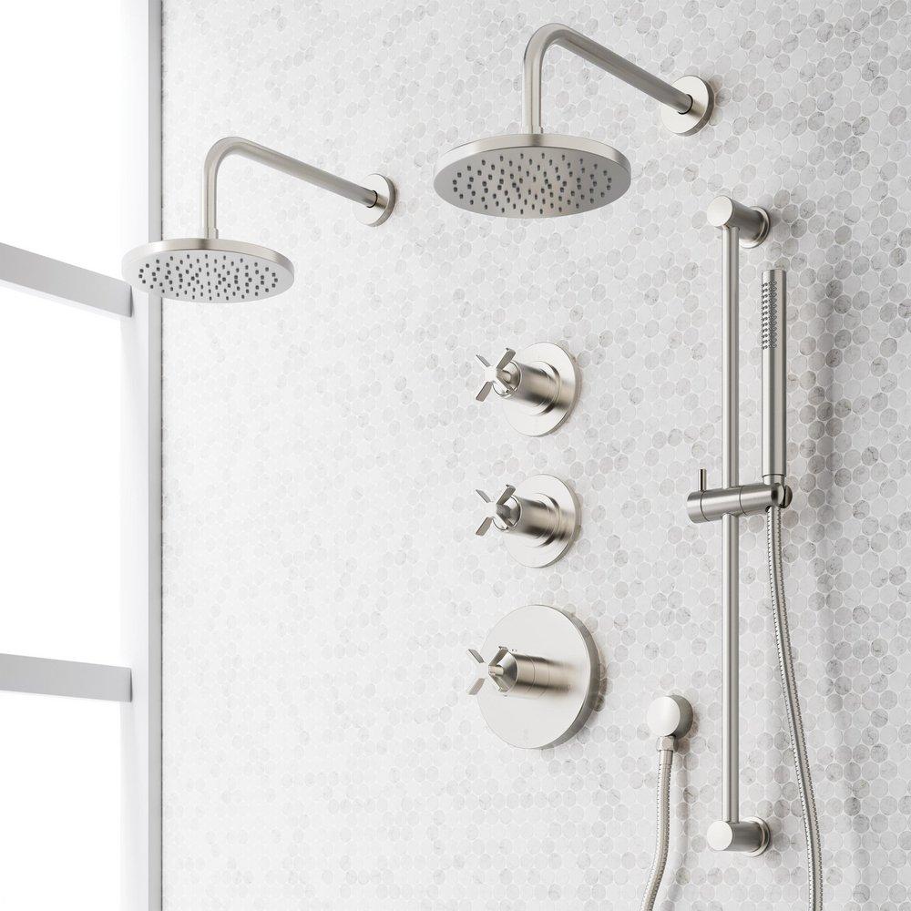 VASSOR THERMOSTATIC SHOWER SYSTEM WITH DUAL SHOWERHEADS SLIDE BAR AND HAND SHOWER - BRUSHED NICKEL 