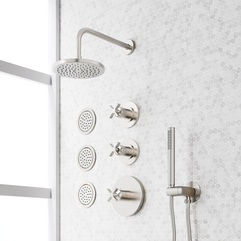 VASSOR THERMOSTATIC SHOWER SYSTEM WITH 3 BODY SPRAYS AND HAND SHOWER - BRUSHED NICKEL 