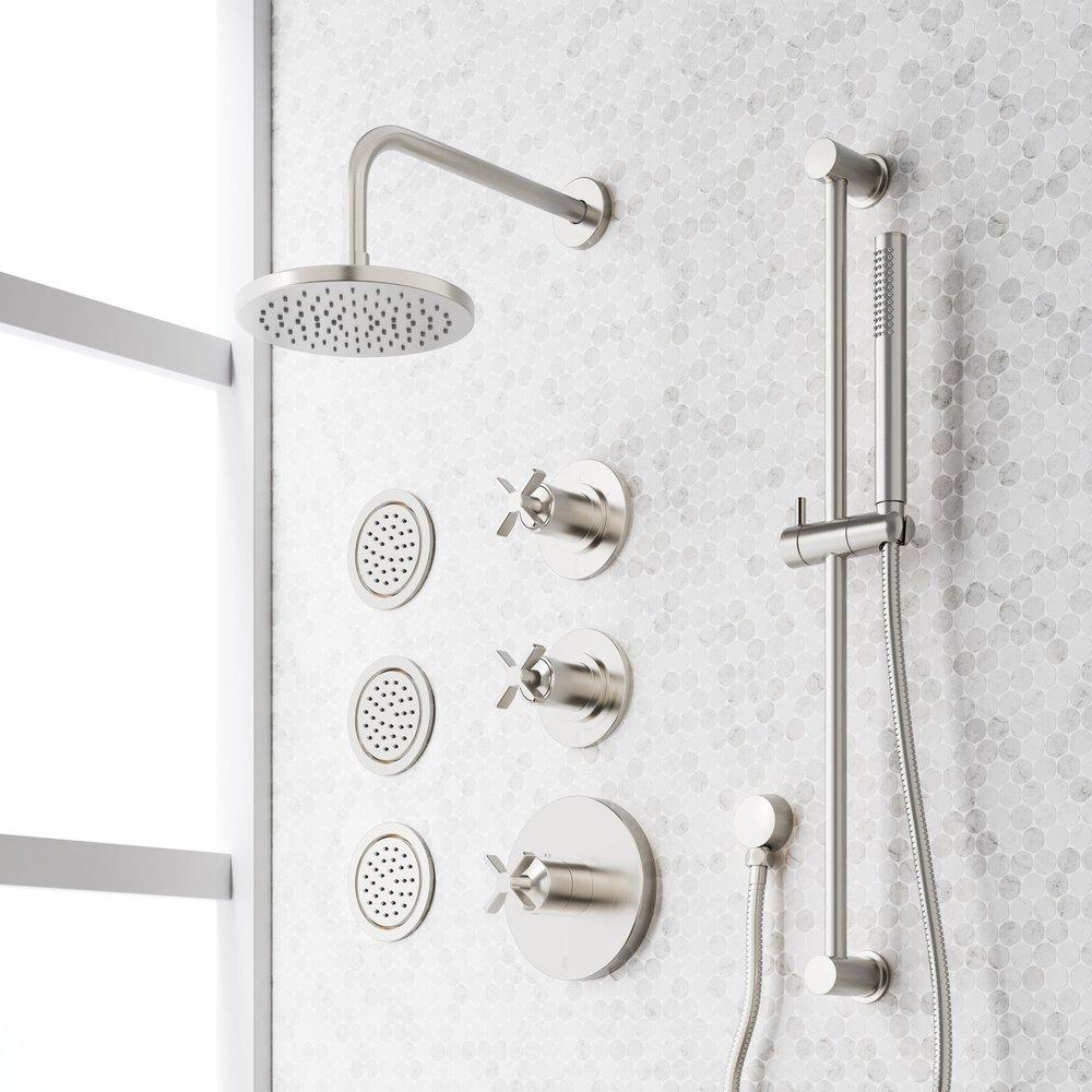 VASSOR THERMOSTATIC SHOWER SYSTEM WITH 3 BODY SPRAYS SLIDE BAR AND HAND SHOWER - BRUSHED NICKEL 