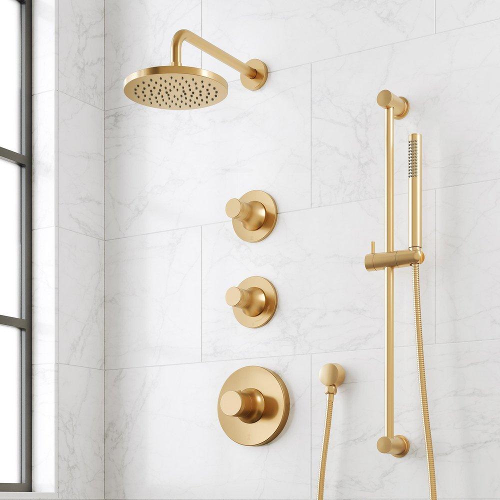 LENTZ THERMOSTATIC SHOWER SYSTEM WITH SLIDE BAR AND HAND SHOWER - KNOB HANDLES - BRUSHED GOLD 