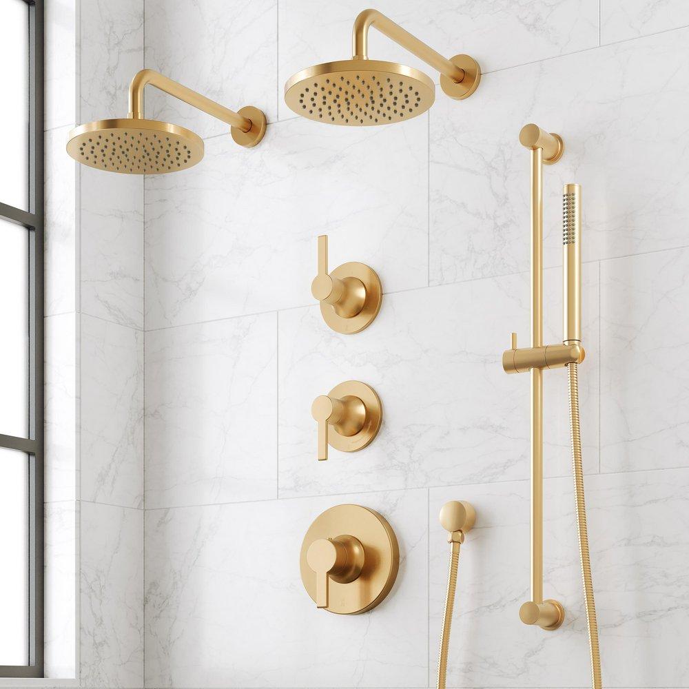 LENTZ THERMOSTATIC SHOWER SYSTEM - DUAL SHOWERHEADS SLIDE BAR AND HAND SHOWER-LEVER-BRUSHED GOLD 