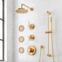 Shower System with Dual Showerheads, Slide Bar and Hand Shower in Brushed Gold