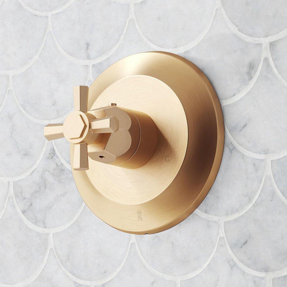 ELITA THERMOSTATIC SHOWER VALVE TRIM AND 3/4 ROUGH-IN VALVE - CROSS HANDLE - BRUSHED GOLD 