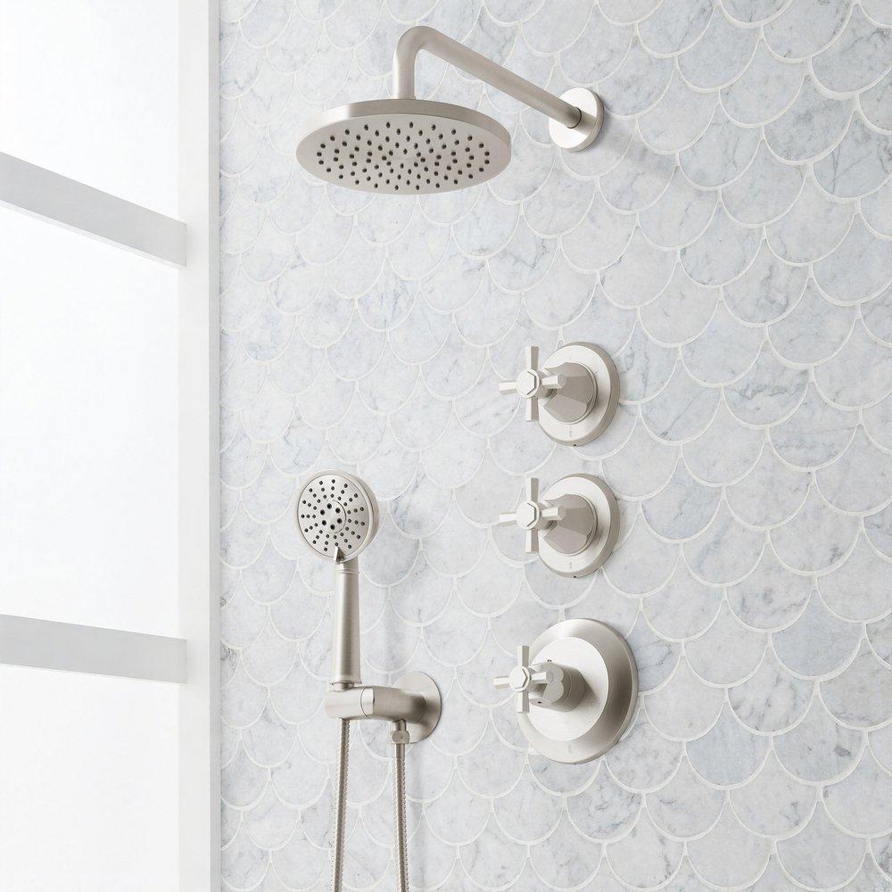 ELITA THERMOSTATIC SHOWER SYSTEM WITH HAND SHOWER - CROSS HANDLES - BRUSHED NICKEL 