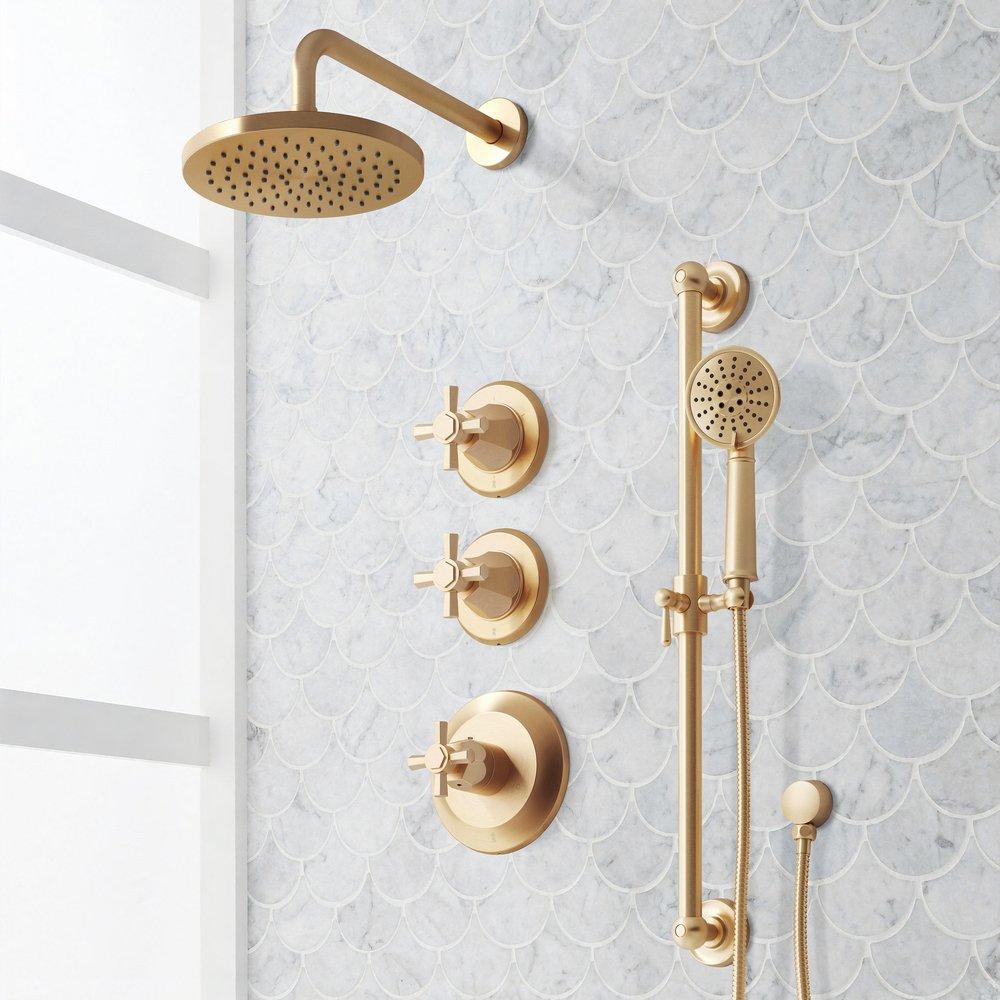 ELITA THERMOSTATIC SHOWER SYSTEM WITH SLIDE BAR AND HAND SHOWER - CROSS HANDLES - BRUSHED GOLD 