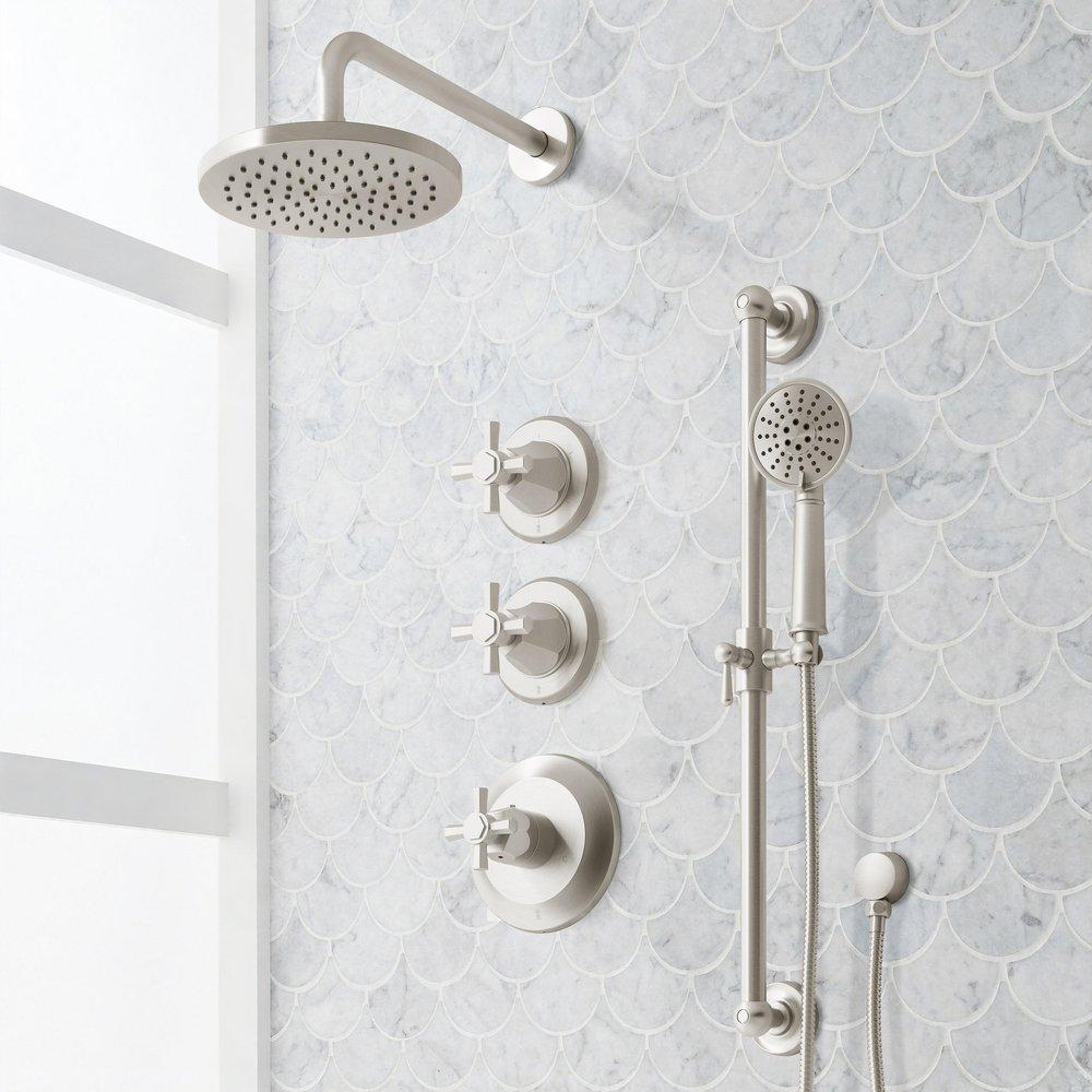 ELITA THERMOSTATIC SHOWER SYSTEM WITH SLIDE BAR AND HAND SHOWER - CROSS HANDLES - BRUSHED NICKEL 