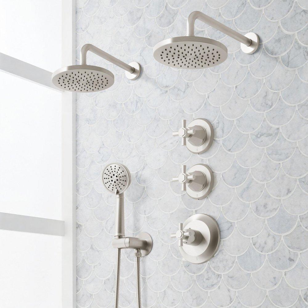 ELITA THERMOSTATIC SHOWER SYSTEM WITH DUAL SHOWERHEADS AND HAND SHOWER - CROSS - BRUSHED NICKEL 