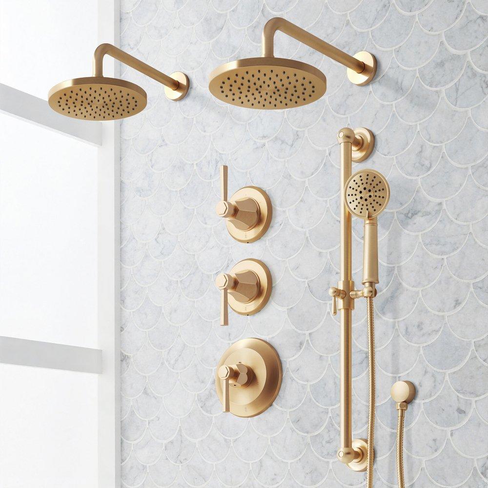 ELITA THERMOSTATIC SHOWER SYSTEM - DUAL SHOWERHEADS SLIDE BAR AND HAND SHOWER-LEVER-BRUSHED GOLD 