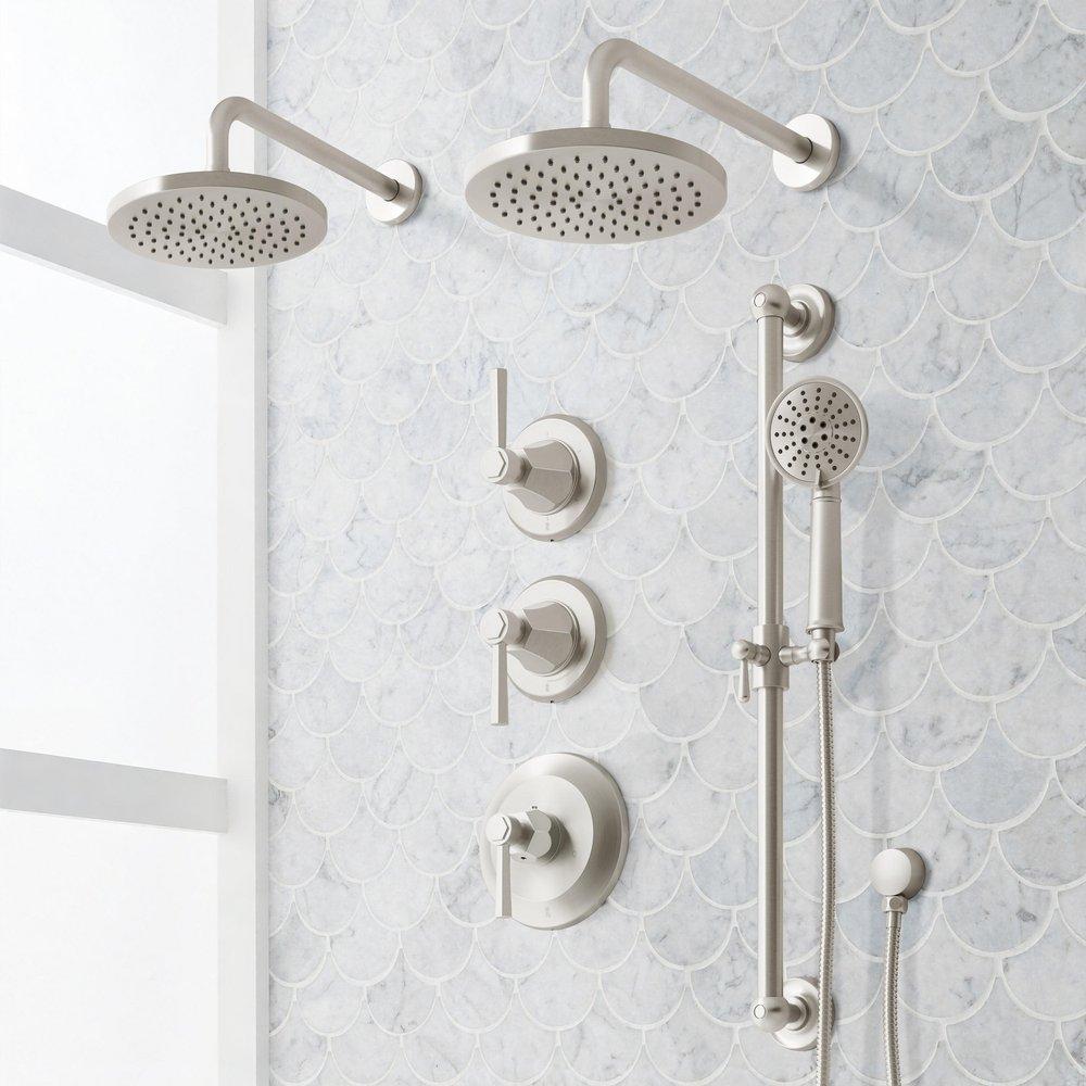 ELITA THERMOSTATIC SHOWER SYSTEM - DUAL SHOWERHEADS SLIDE BAR AND HAND SHOWER-LEVER-BRUSHED NICKEL 