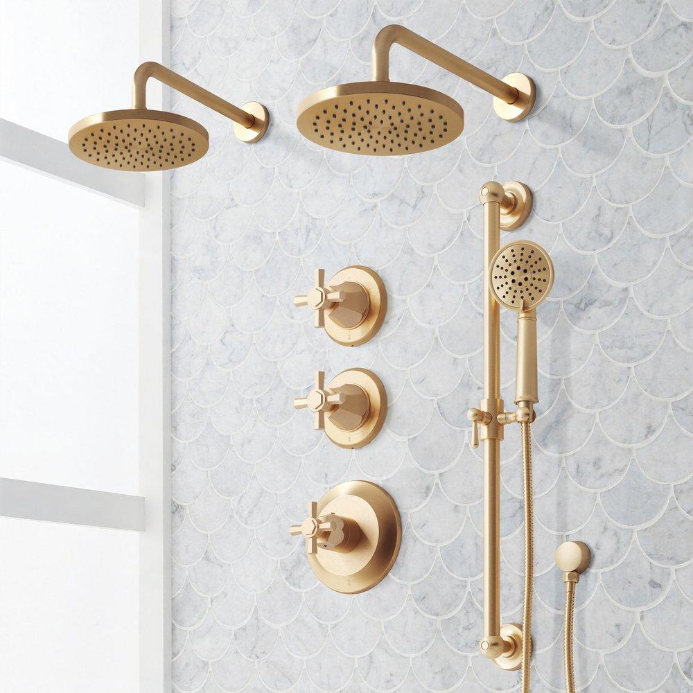 ELITA THERMOSTATIC SHOWER SYSTEM - DUAL SHOWERHEADS SLIDE BAR AND HAND SHOWER-CROSS-BRUSHED GOLD 